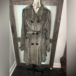 Striped Double-Breasted Fuzzy Trench Coat